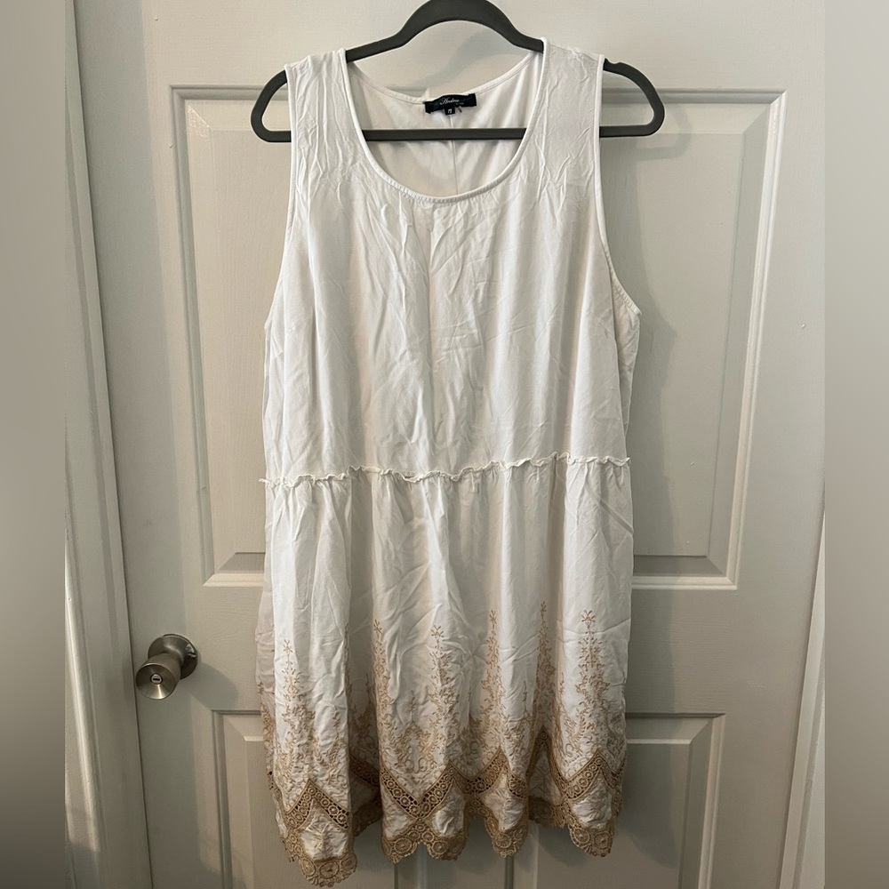 Andree White Dress with Gold Lace Trim